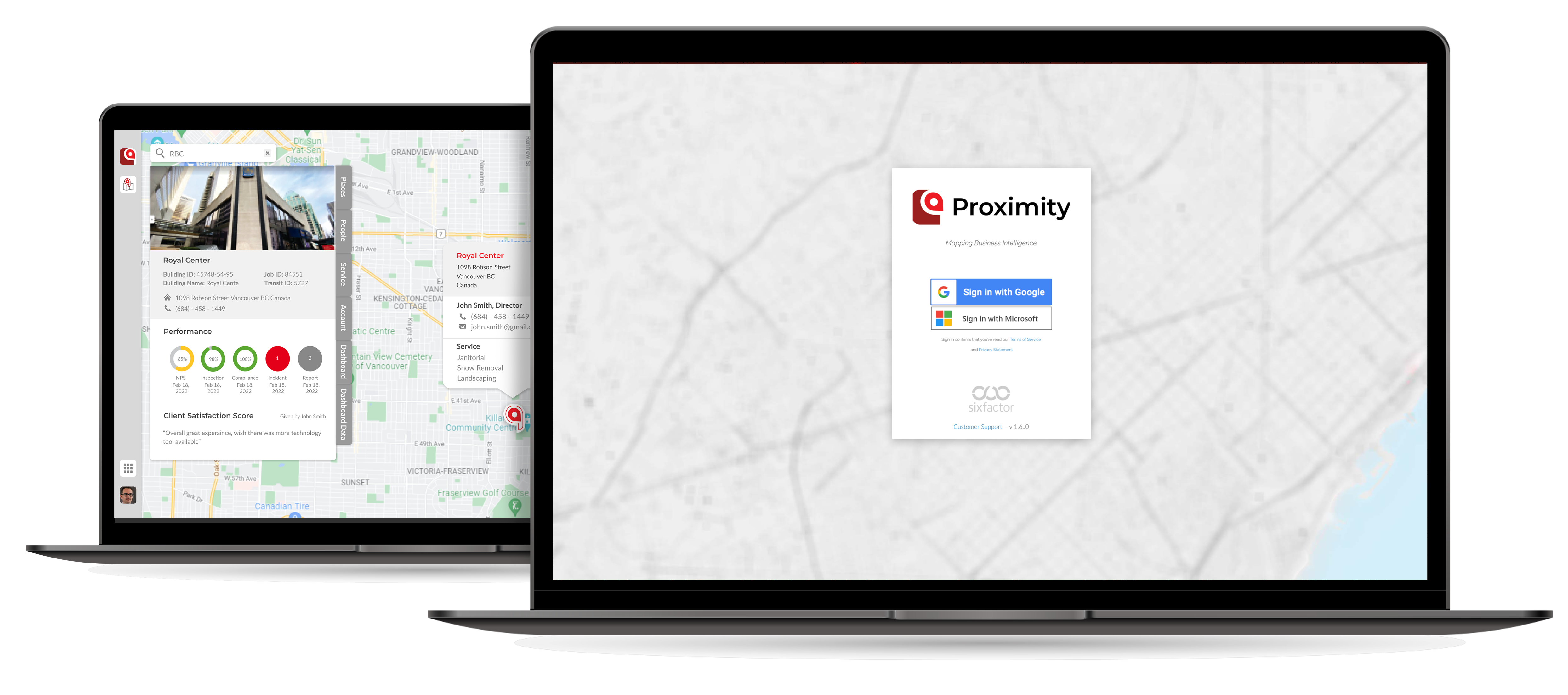 Proximity, map application interface shows data trends. Attach your operational data directly to geo-based business assets